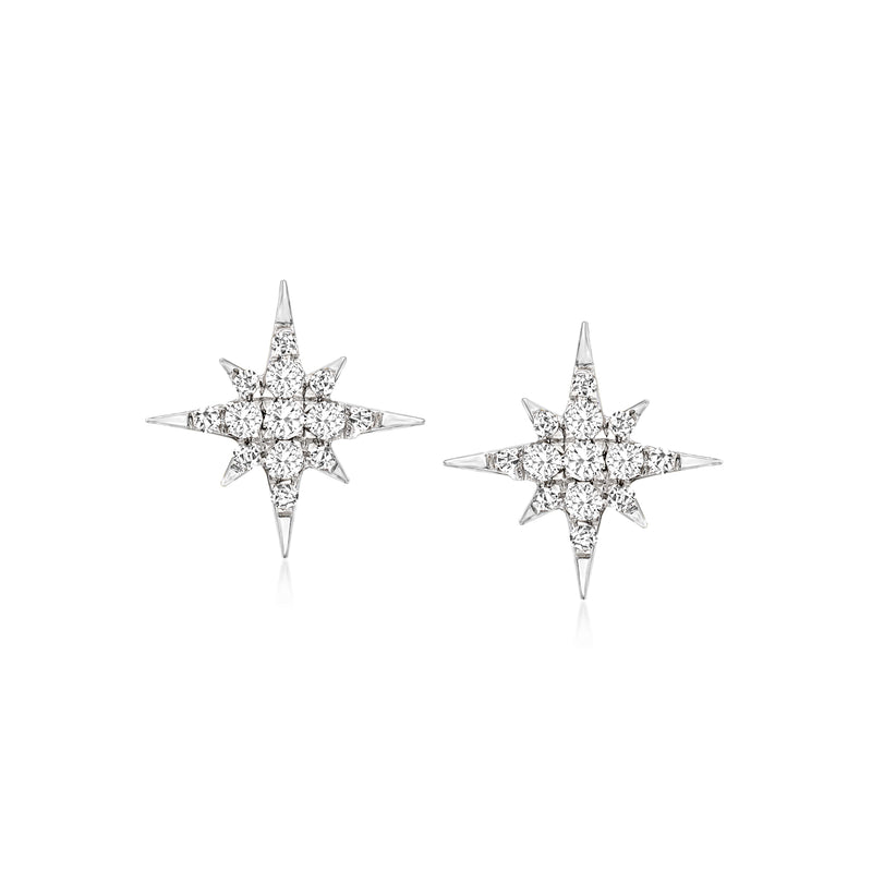 Sterling silver star diamond stud earrings with four-sided sparkle, post backs.