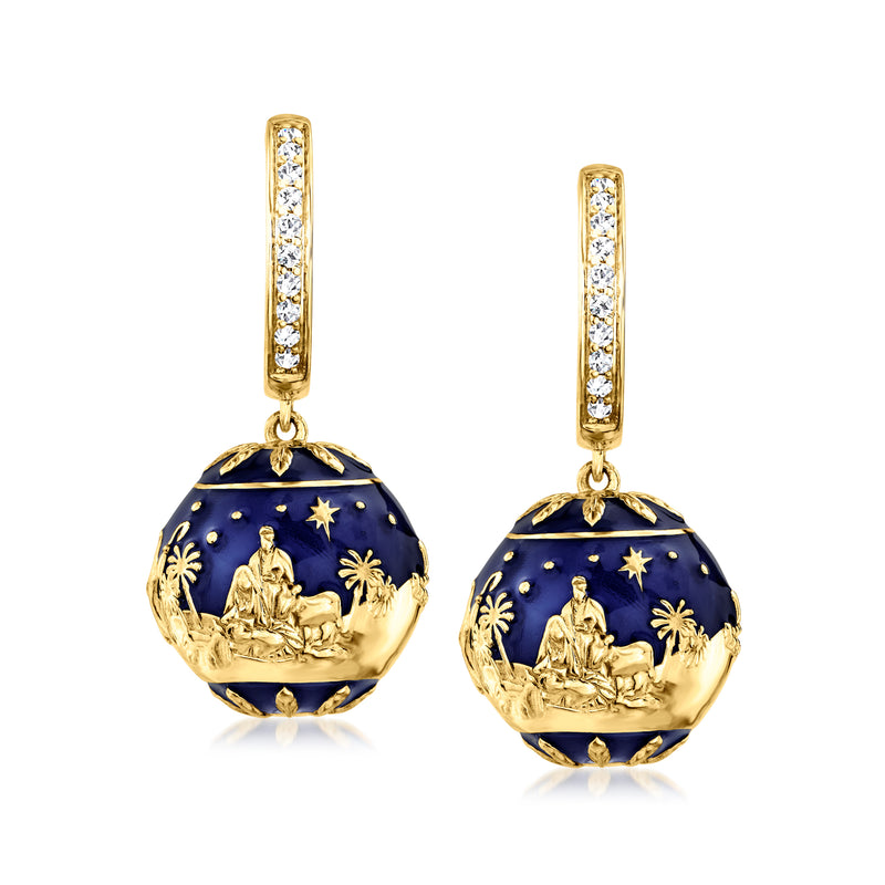 .30 ct. t.w. White Topaz and Blue Enamel Nativity Hoop Drop Earrings in 18kt Gold Over Sterling