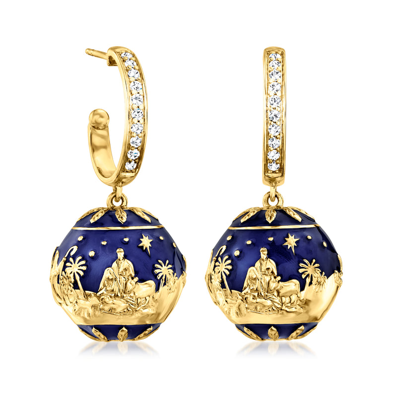 .30 ct. t.w. White Topaz and Blue Enamel Nativity Hoop Drop Earrings in 18kt Gold Over Sterling
