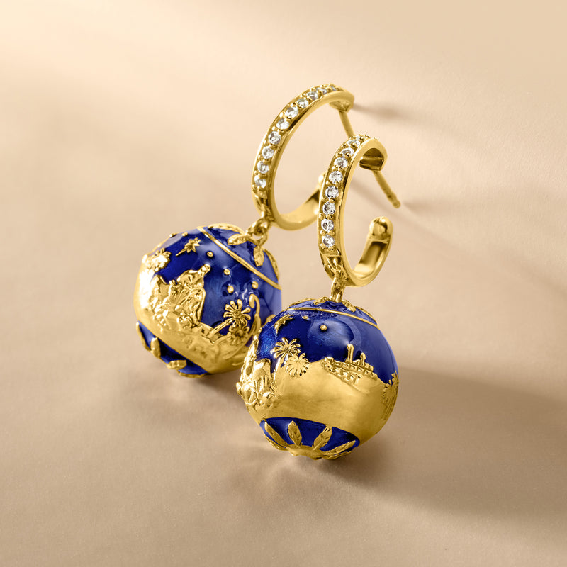 .30 ct. t.w. White Topaz and Blue Enamel Nativity Hoop Drop Earrings in 18kt Gold Over Sterling