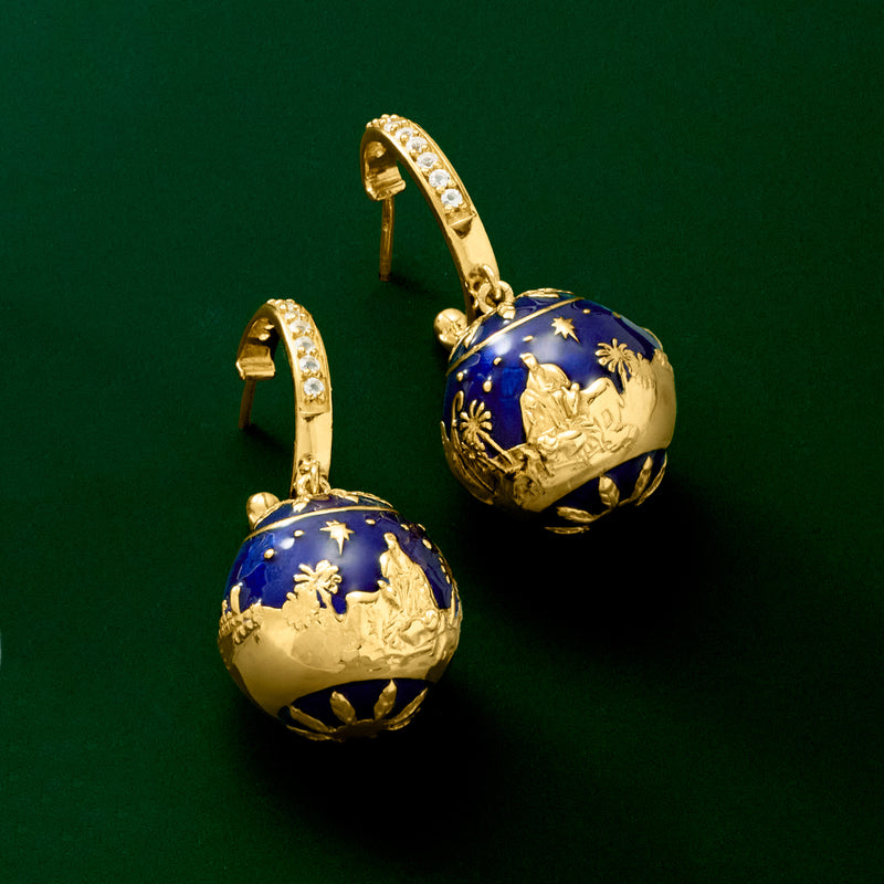 .30 ct. t.w. White Topaz and Blue Enamel Nativity Hoop Drop Earrings in 18kt Gold Over Sterling