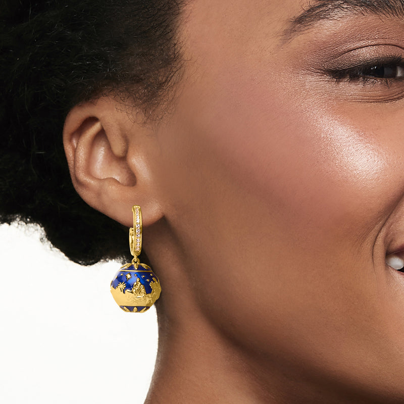 .30 ct. t.w. White Topaz and Blue Enamel Nativity Hoop Drop Earrings in 18kt Gold Over Sterling