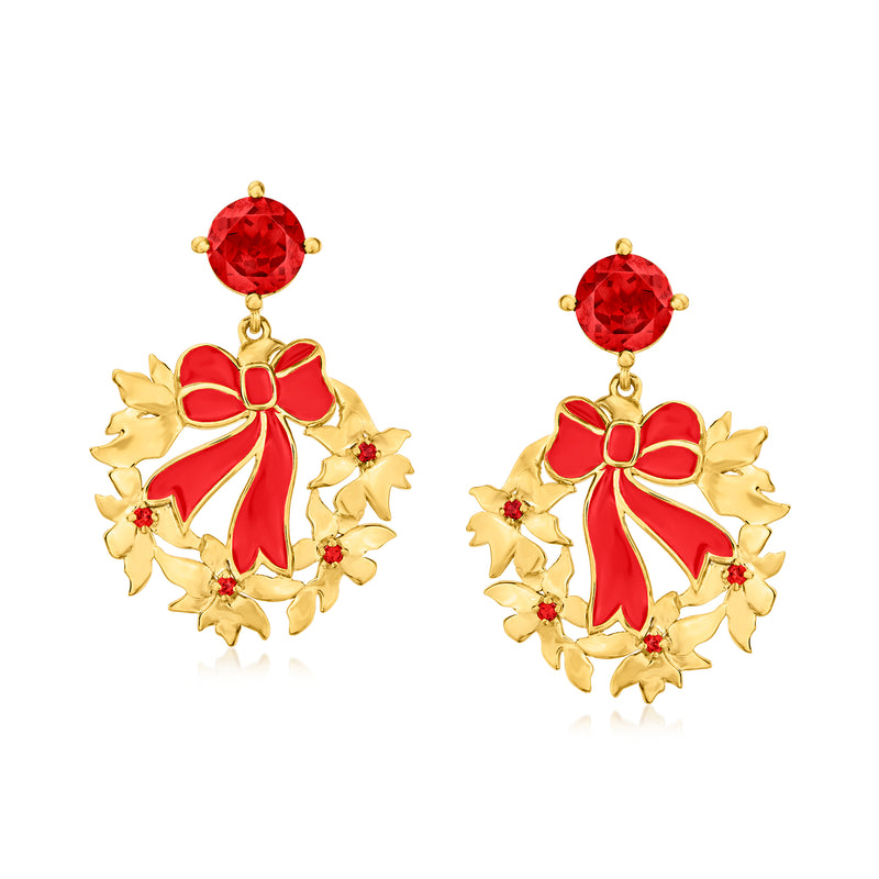 Gold wreath drop earrings with red round center gem, ribbon bow, and leaf charms