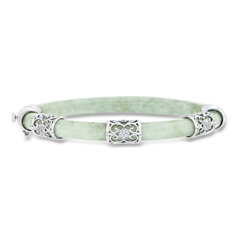 Jade green bangle bracelet with sterling silver filigree and square diamond accents