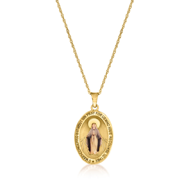 14kt yellow gold miraculous medal pendant necklace, oval medal with multicolored enamel