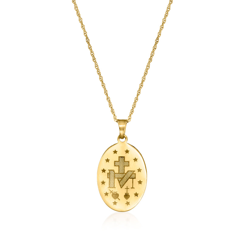 Yellow gold miraculous medal pendant necklace, oval medal with star and cross design