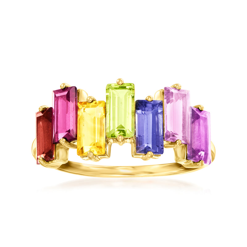 10kt yellow gold multi-gemstone ring with baguette cut stones in purple, blue, green, yellow