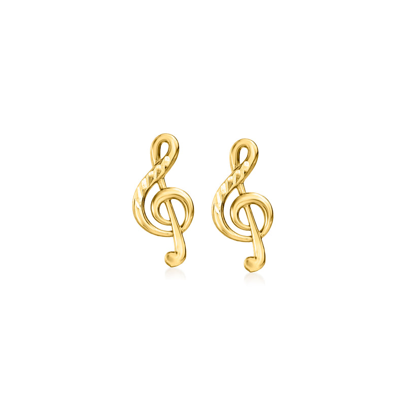 14kt yellow gold treble clef stud earrings, small post backs
