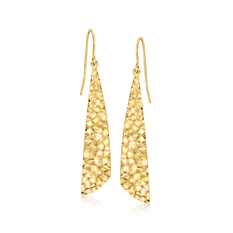 14kt yellow gold hammered triangular drop earrings with hook earwires, pair view
