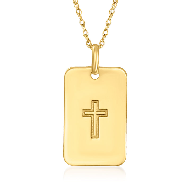 Yellow gold cross tag pendant necklace with cable chain