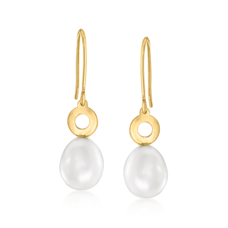 14kt yellow gold open-circle drop earrings with cultured pearl drops
