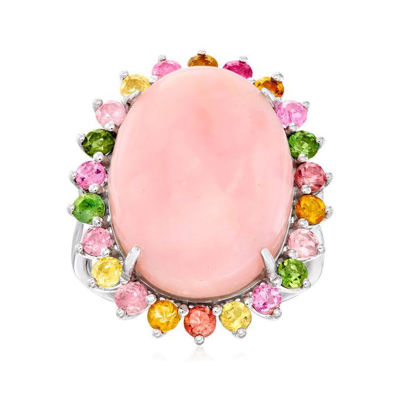 Oval pink opal ring with multicolored gemstone halo in sterling silver