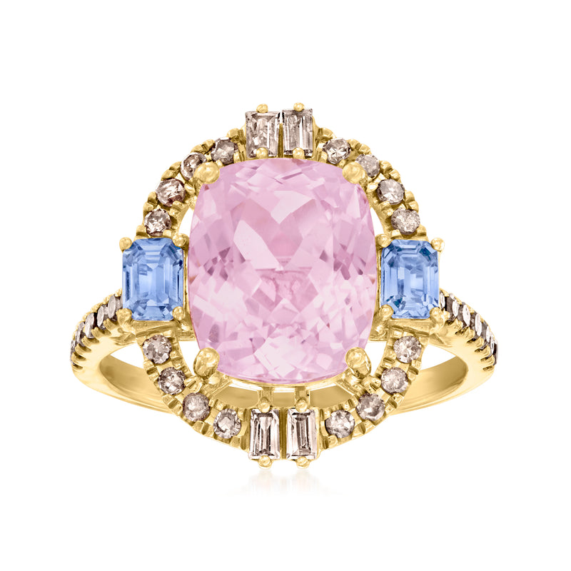 18k gold over sterling ring with oval pink kunzite and blue baguette side stones