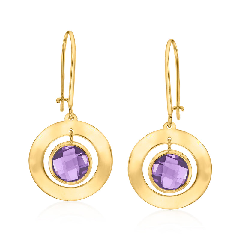 14kt yellow gold amethyst disc drop earrings with round purple gemstone centers