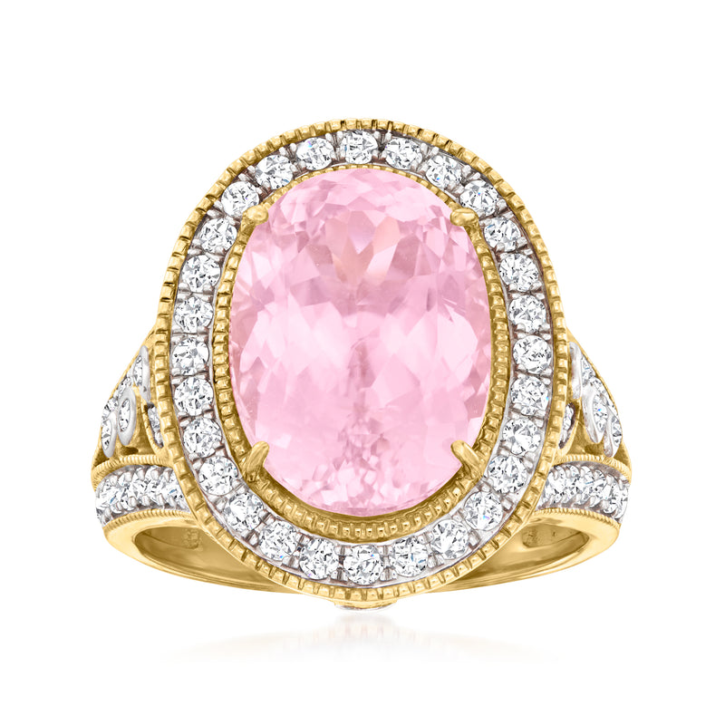 Oval pink kunzite gemstone ring in gold tone with white zircon halo and side stones