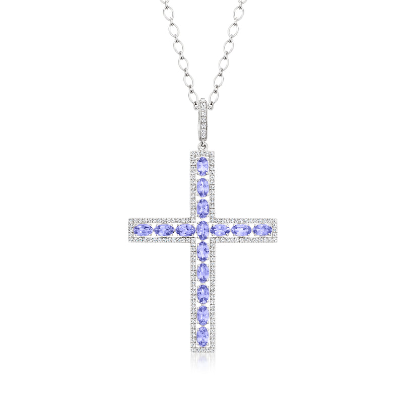 Sterling silver cross pendant necklace with blue tanzanite stones and white zircon accents