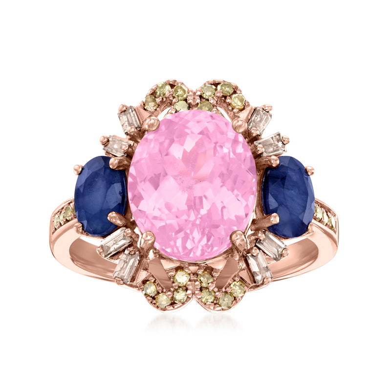 Rose gold oval pink gemstone ring with blue side stones and multicolor accents