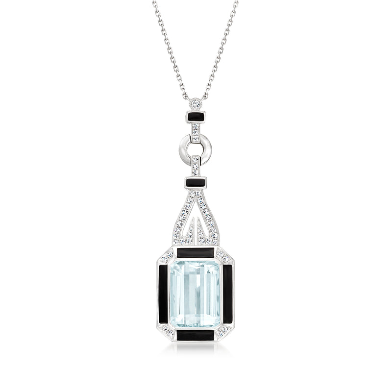 18kt white gold art deco aquamarine pendant with diamond accents and black enamel