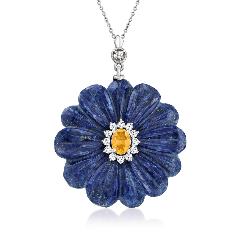 Sterling silver flower pendant necklace with blue lapis-style petals, yellow center, white accents