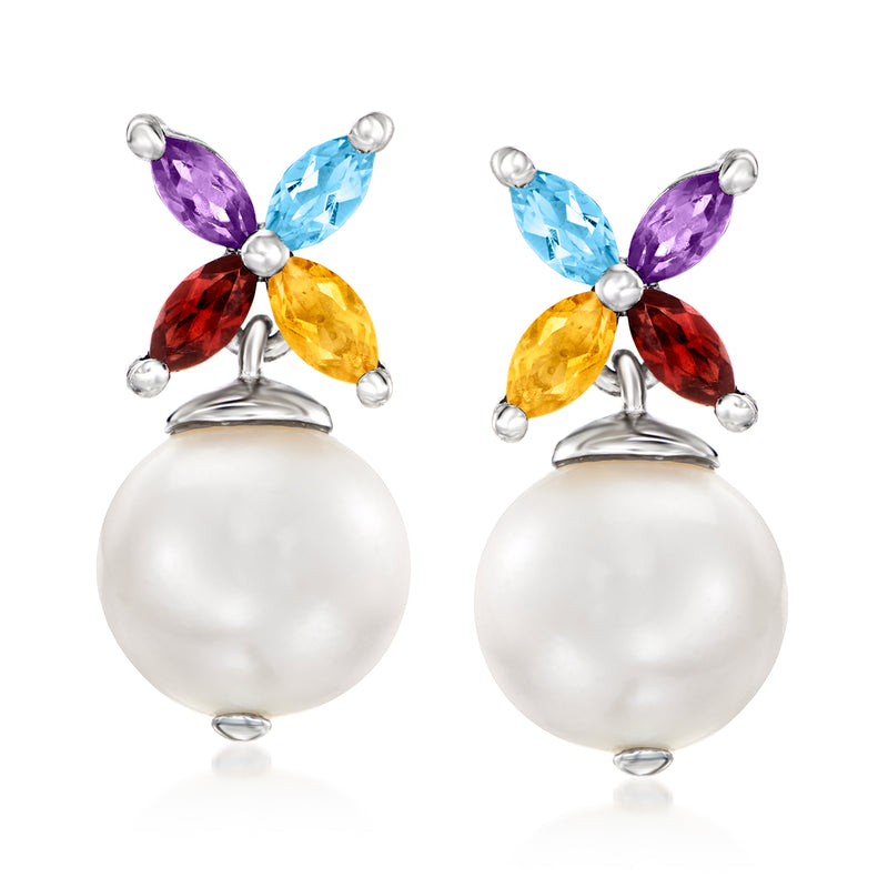 Sterling silver drop earrings with large white cultured pearl and multicolor gems