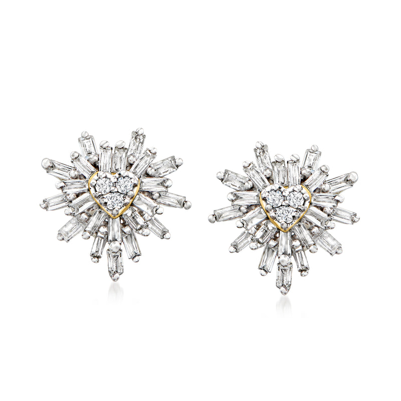 Gold heart diamond stud earrings with radiating burst design and post backs
