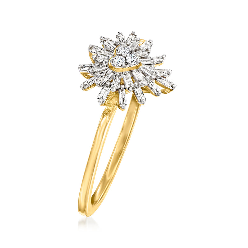 Yellow gold heart diamond ring with prong-set starburst halo, angled view