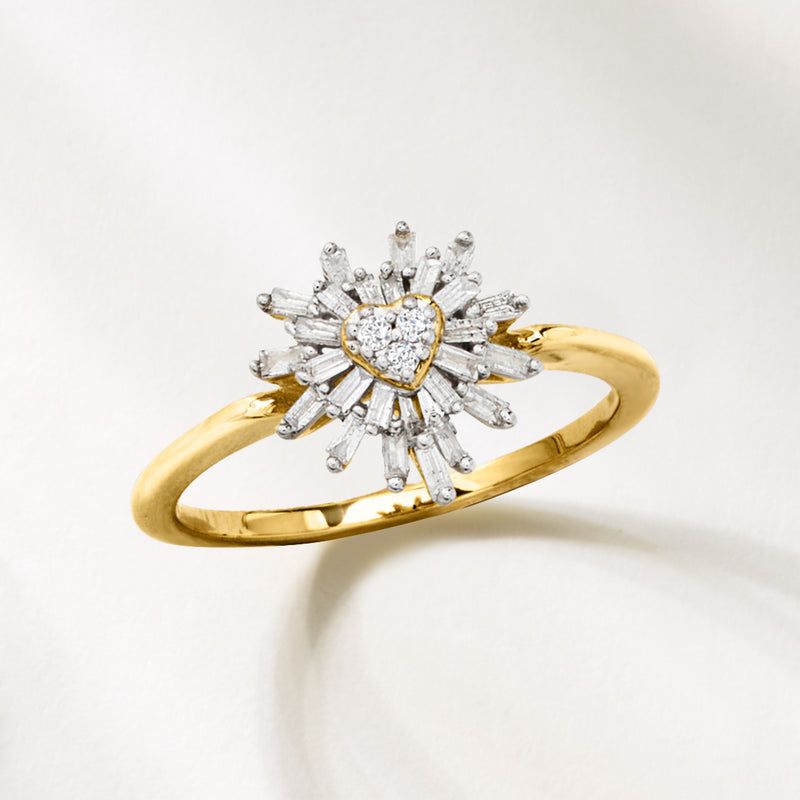 Yellow gold heart diamond ring with starburst halo and smooth band