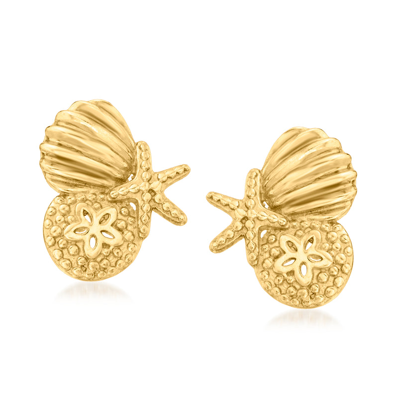 10kt yellow gold seashell cluster post earrings with starfish accents