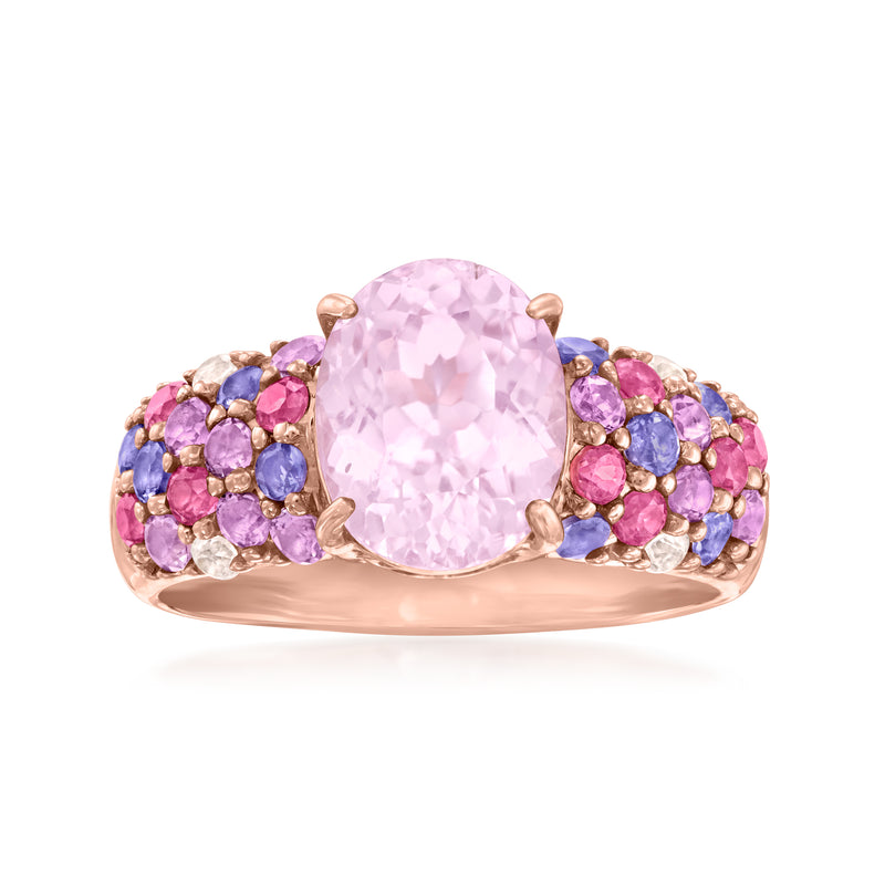 Rose gold gemstone ring with large oval pink kunzite and pink, purple, blue side stones