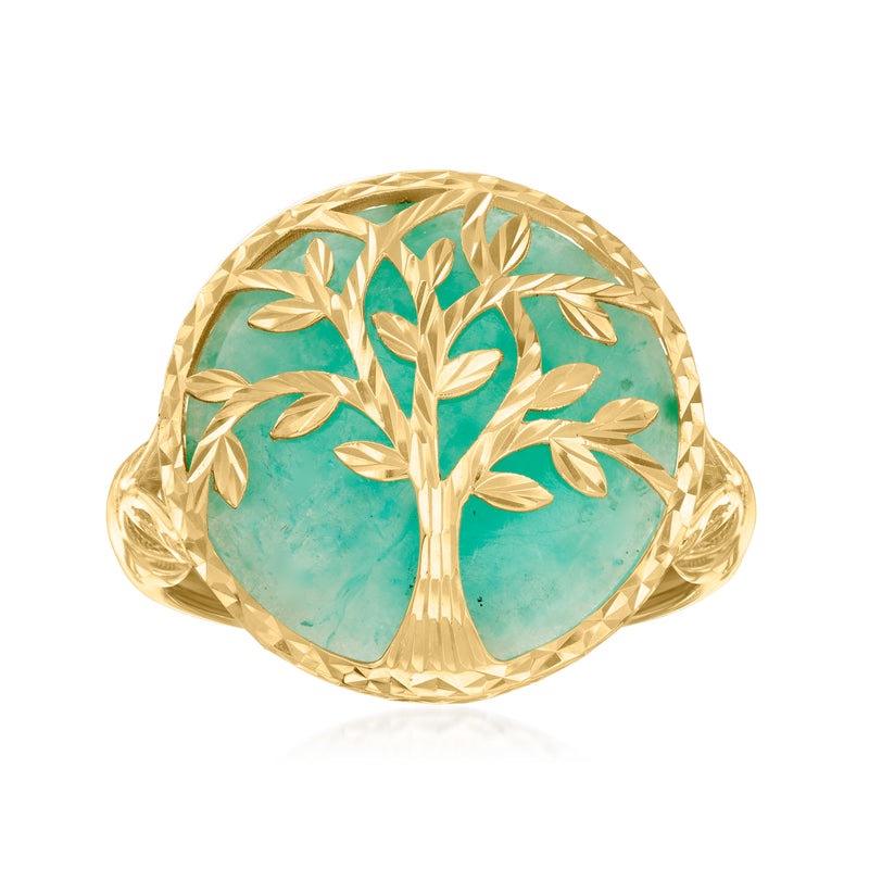 14kt yellow gold ring with oval amazonite cabochon and Tree of Life engraving