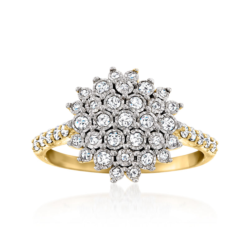 14kt yellow gold diamond cluster ring with round clear stones, prong-set halo design