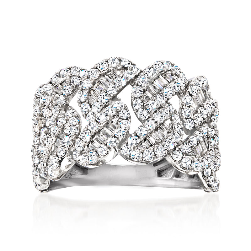 Diamond twisted ring in 14kt white gold with round and baguette stones