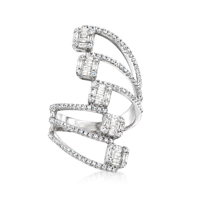 14kt white gold diamond cluster bypass ring with rectangular stones, prong set