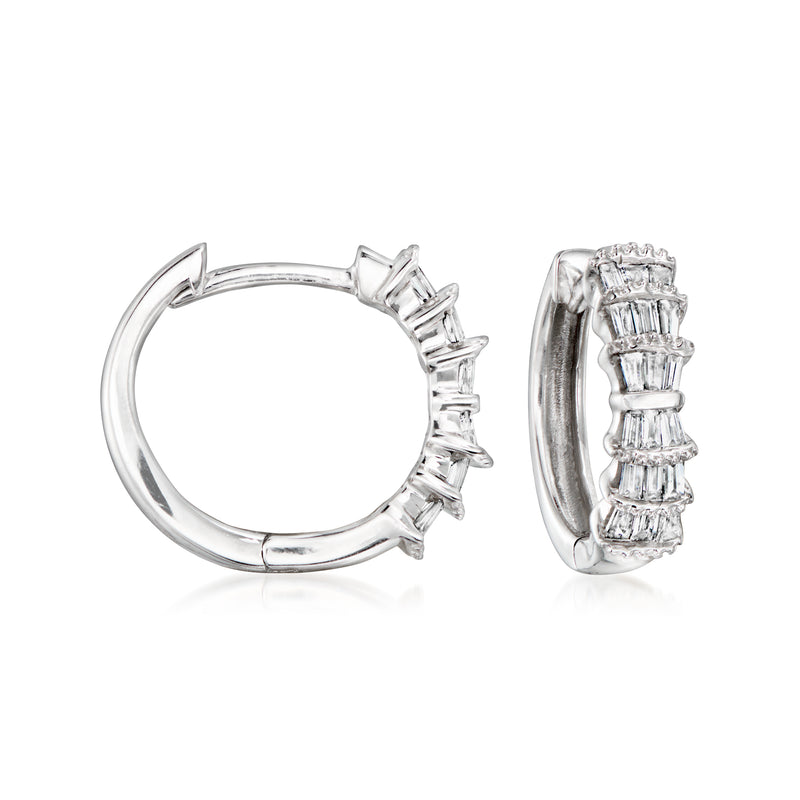 14kt white gold baguette diamond huggie hoop earrings with stacked sparkle detail