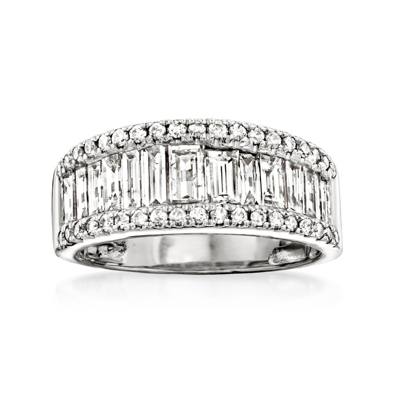 14kt white gold diamond ring with baguette and round stones, three-row band