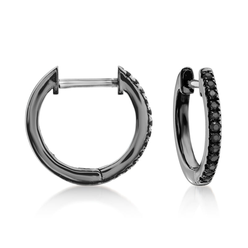 Black diamond huggie hoop earrings in 14kt white gold with black rhodium, small hinged hoops