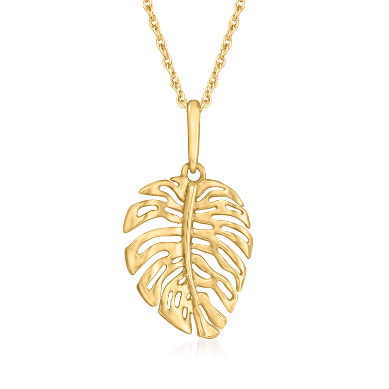 10kt yellow gold monstera leaf pendant necklace with polished leaf charm and bail