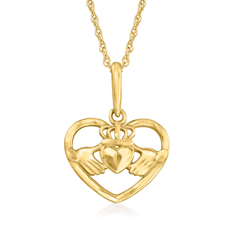 10kt yellow gold claddagh heart pendant with hands and crown on chain