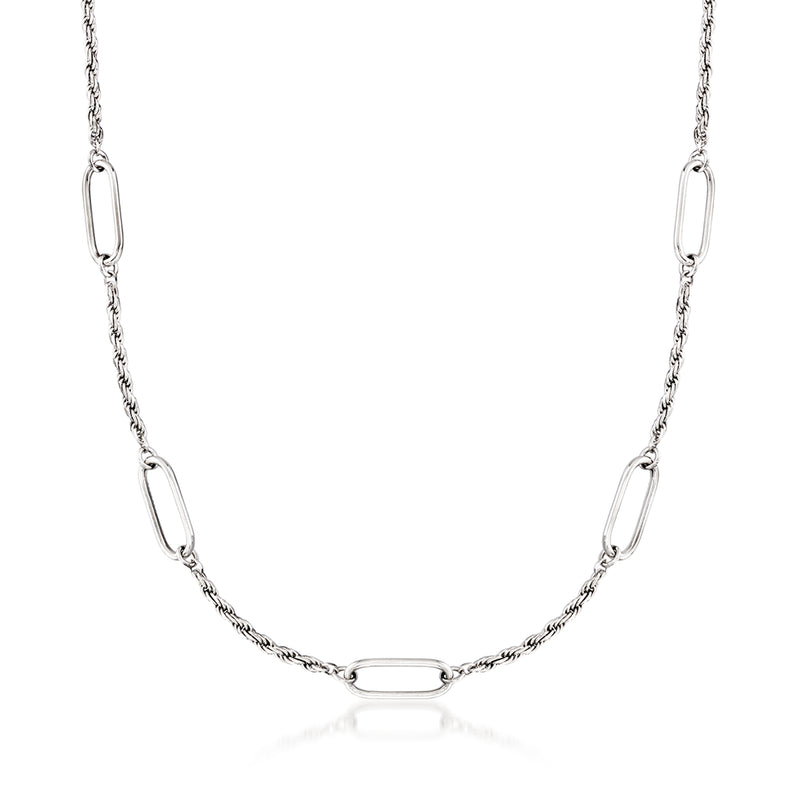 Sterling silver rope-chain necklace with oval paper-clip style links in front