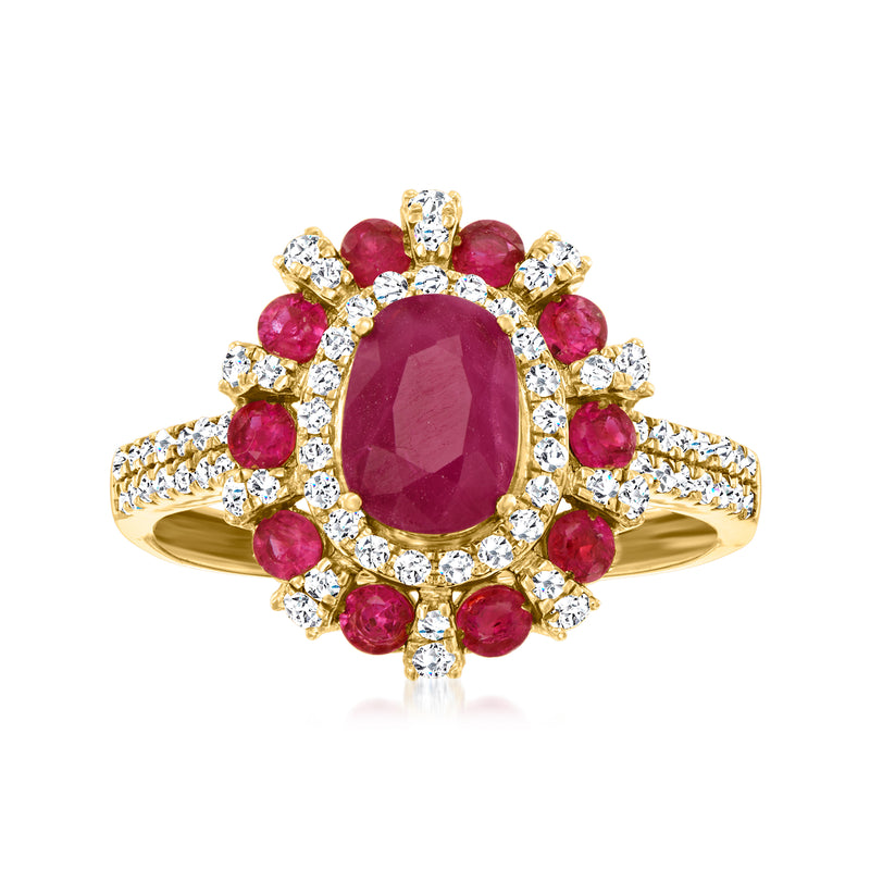 14kt yellow gold ring with oval ruby center, surrounded by ruby and diamond halo