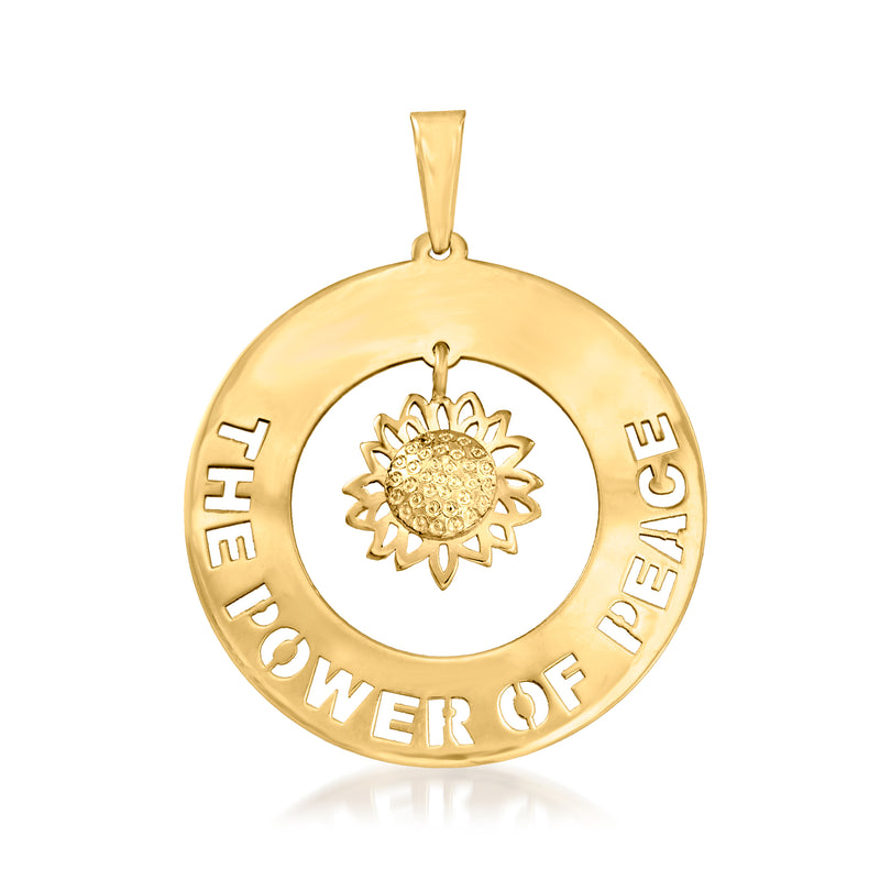 14kt yellow gold flower disc pendant with sunburst center and peace motto
