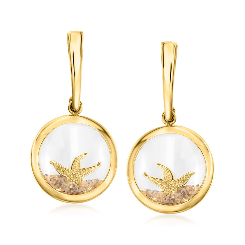 Yellow gold drop earrings with round resin dome, gold starfish, and sandy glitter center