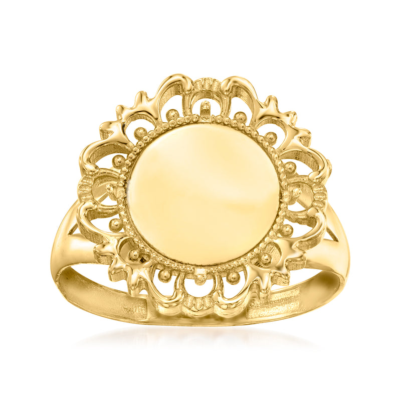 14kt yellow gold openwork milgrain ring with round bezel and ornate scalloped edge