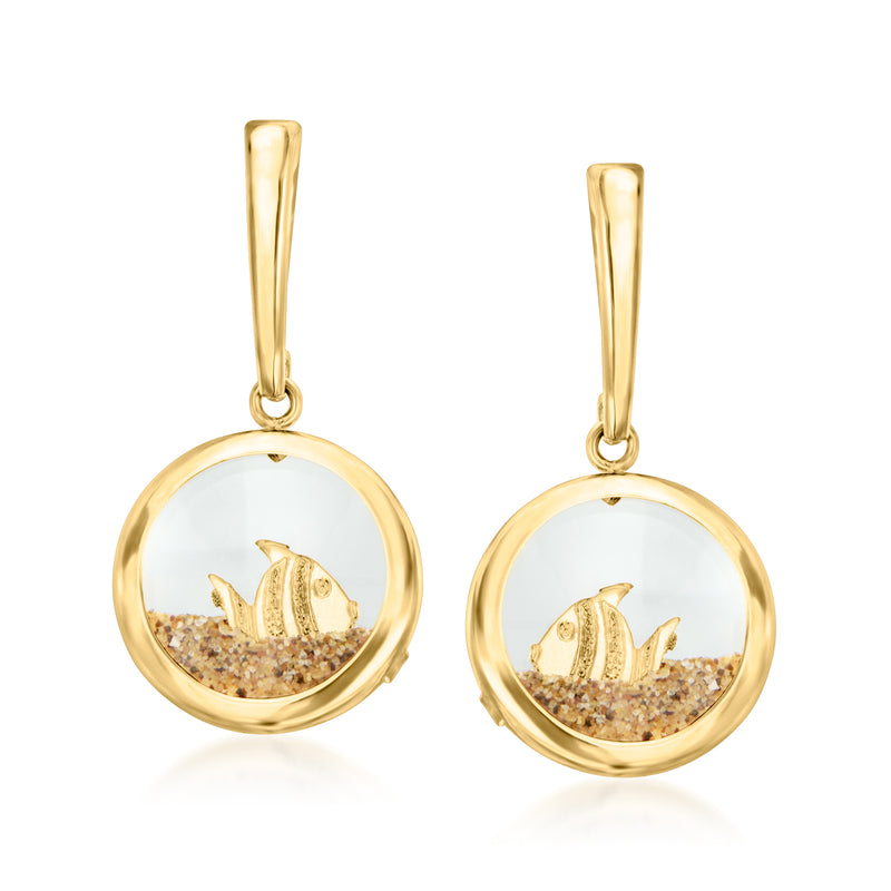 Gold fish and sand drop earrings, round bezel with glitter sand and fish in clear front