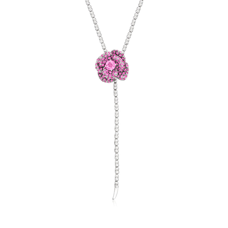 Pink sapphire rose necklace in 18kt white gold with long drop chain