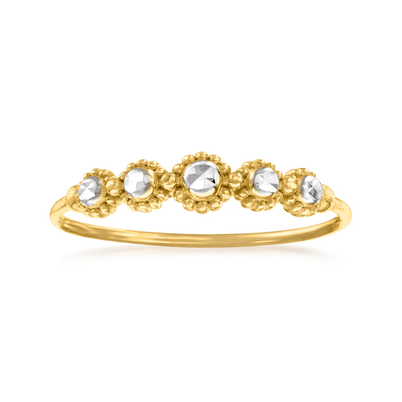 14kt yellow gold circle ring with beaded edge and white rhodium-set round stones
