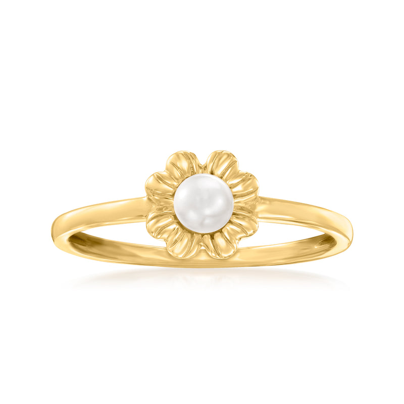 14kt yellow gold flower ring with round white cultured pearl center