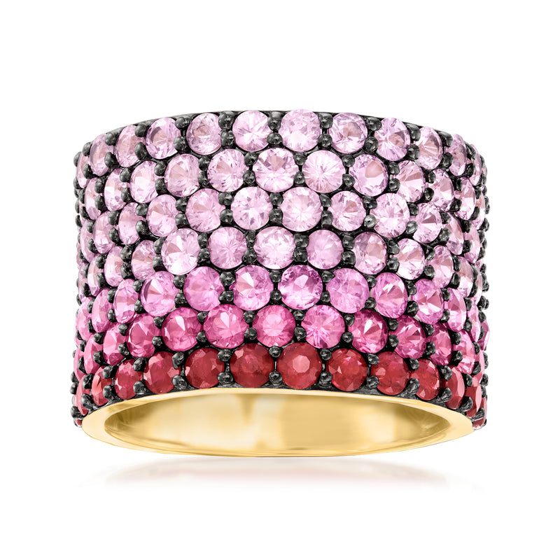 Ombre pink sapphire tennis ring with black prongs, 18kt yellow gold band