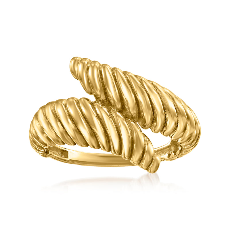 10kt yellow gold shrimp bypass ring with ridged curved bypass design
