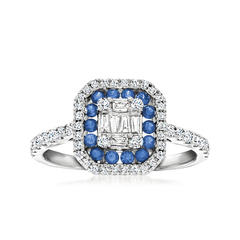 18kt white gold ring with square center diamond and blue sapphire halo border